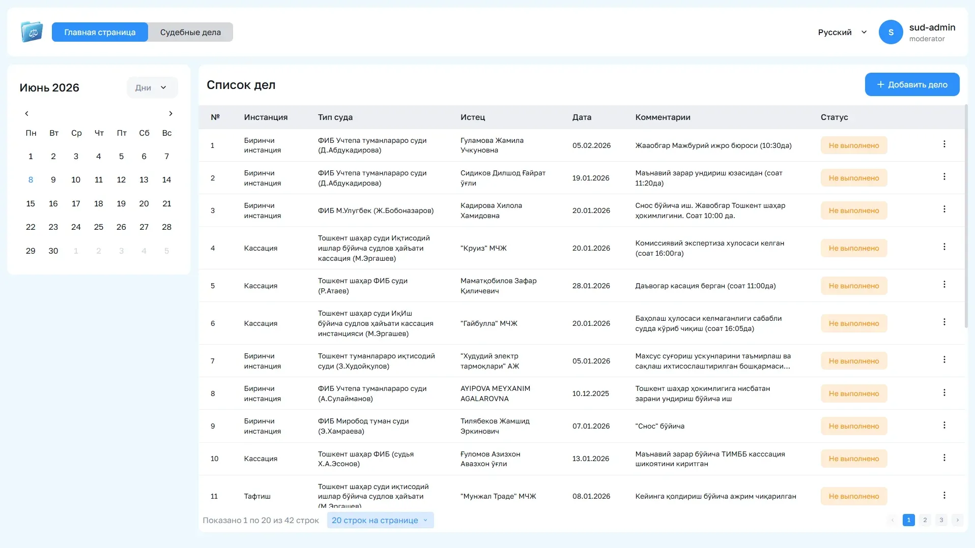 Sud Ishlari — admin panel for court cases